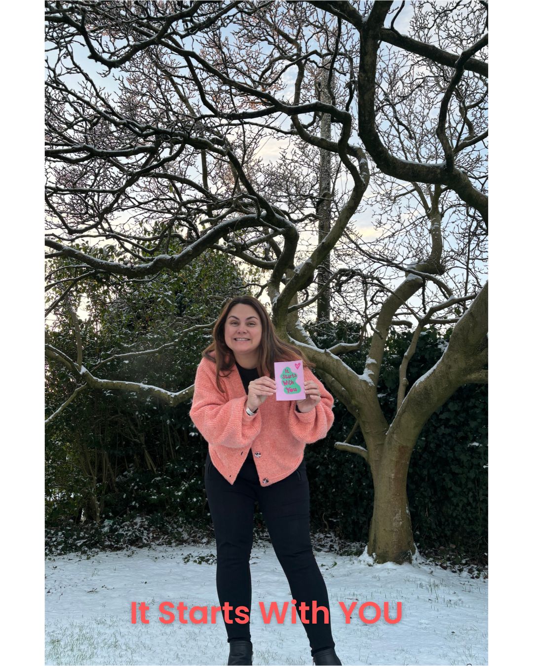 Simone Callaghan - Purpose Fuelled Coach holding up a postcard 'It Starts With You'